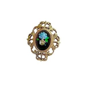Vintage Brooch Black Cameo Pastal Florals